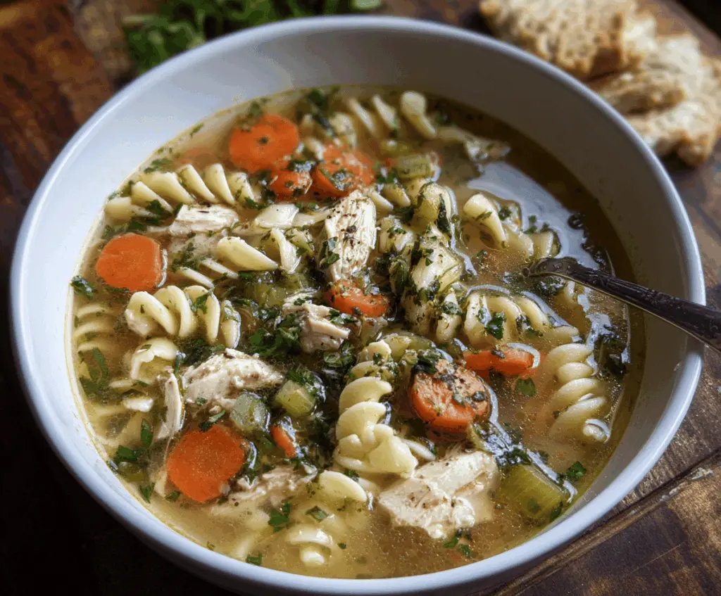 A steaming bowl of Garlic Herb Chicken Noodle Soup garnished with fresh herbs and vegetables, perfect for comforting, hearty dining.