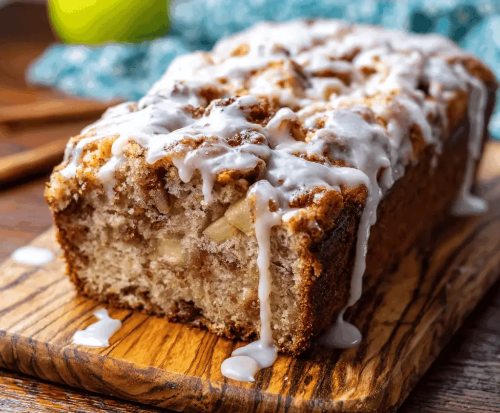 Delicious glazed apple cinnamon fritter bread topped with icing, featuring slices of fresh apples and cinnamon for a comforting fall dessert