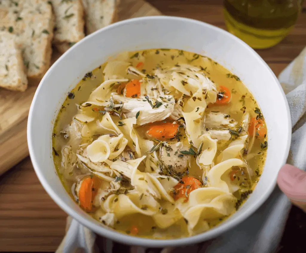 A warm bowl of Grandma’s Chicken Noodle Soup with tender chicken, vegetables, and noodles garnished with fresh herbs, served in a cozy setting.