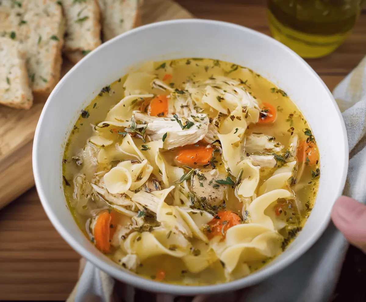 A warm bowl of Grandma’s Chicken Noodle Soup with tender chicken, vegetables, and noodles garnished with fresh herbs, served in a cozy setting.