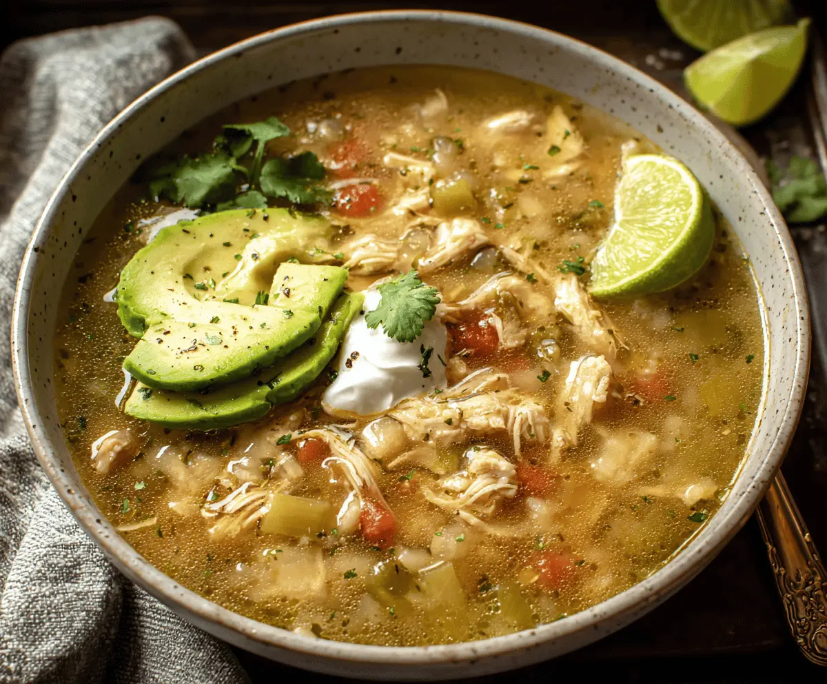 A steaming bowl of green chile chicken soup topped with fresh herbs and melted cheese, featuring tender chicken, vibrant green chiles, and creamy broth in a rustic bowl.