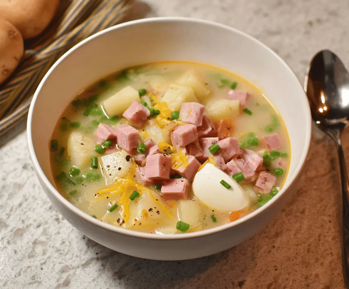 Creamy ham and potato soup served in a bowl with fresh herbs, perfect for a comforting meal