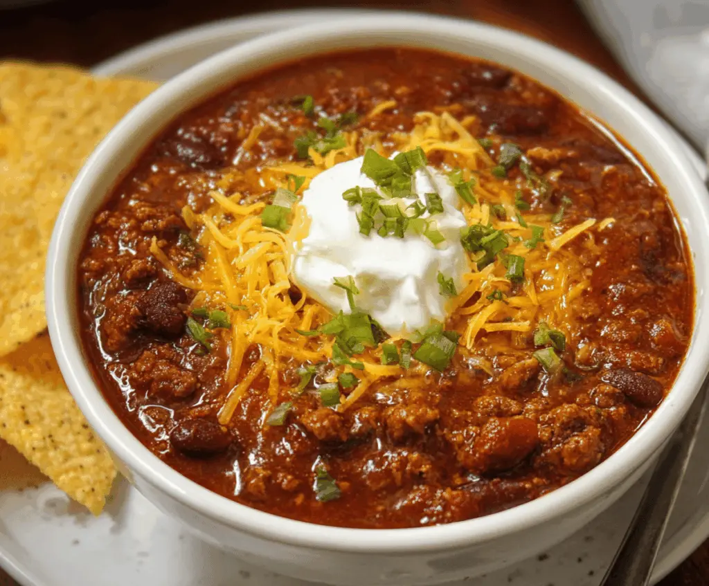 Delicious homemade chili in a bowl topped with shredded cheese and fresh herbs, served with bread on a rustic table.