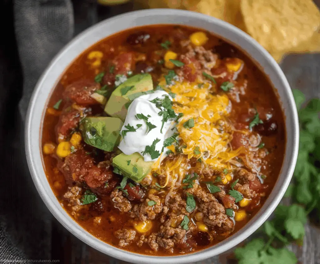 Delicious Instant Pot Beef Taco Soup in a bowl topped with shredded cheese, fresh cilantro, and diced tomatoes ready to serve