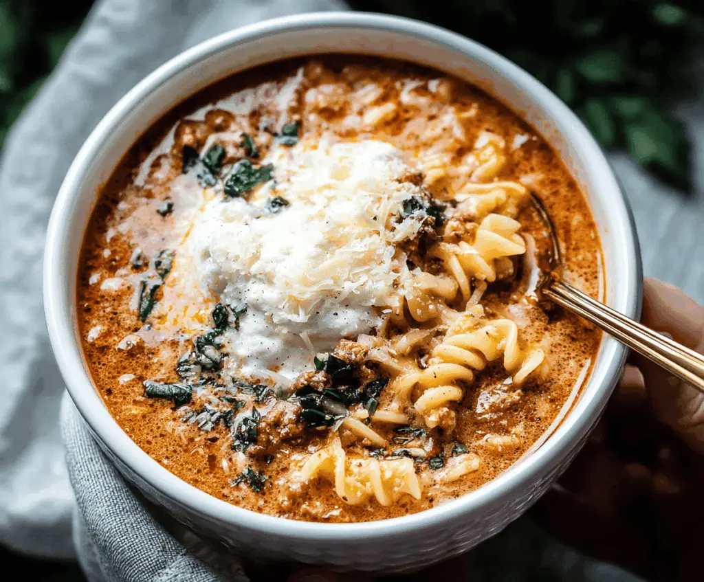 Creamy and savory Instant Pot Lasagna Soup topped with melted cheese and fresh basil in a bowl