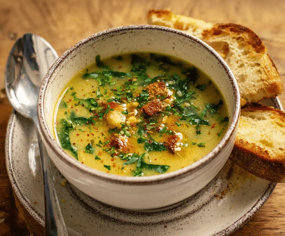 Creamy Italian Garlic Soup garnished with fresh herbs and toasted bread croutons, served in a rustic bowl