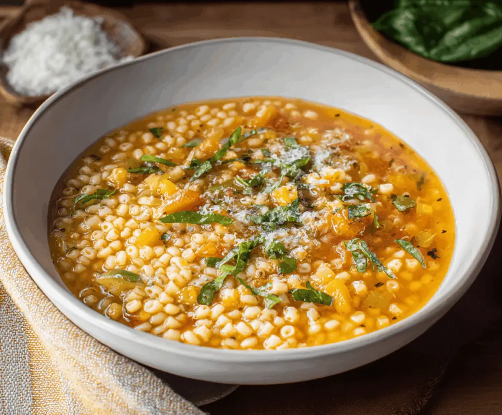 Creamy Italian Pastina Soup in a bowl with fresh herbs and grated cheese, served hot with a spoon on a rustic wooden table.