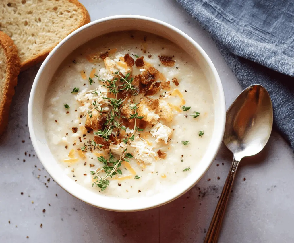Creamy leftover mashed potato soup served in a bowl with fresh herbs and a spoon, perfect for cozy comfort food.