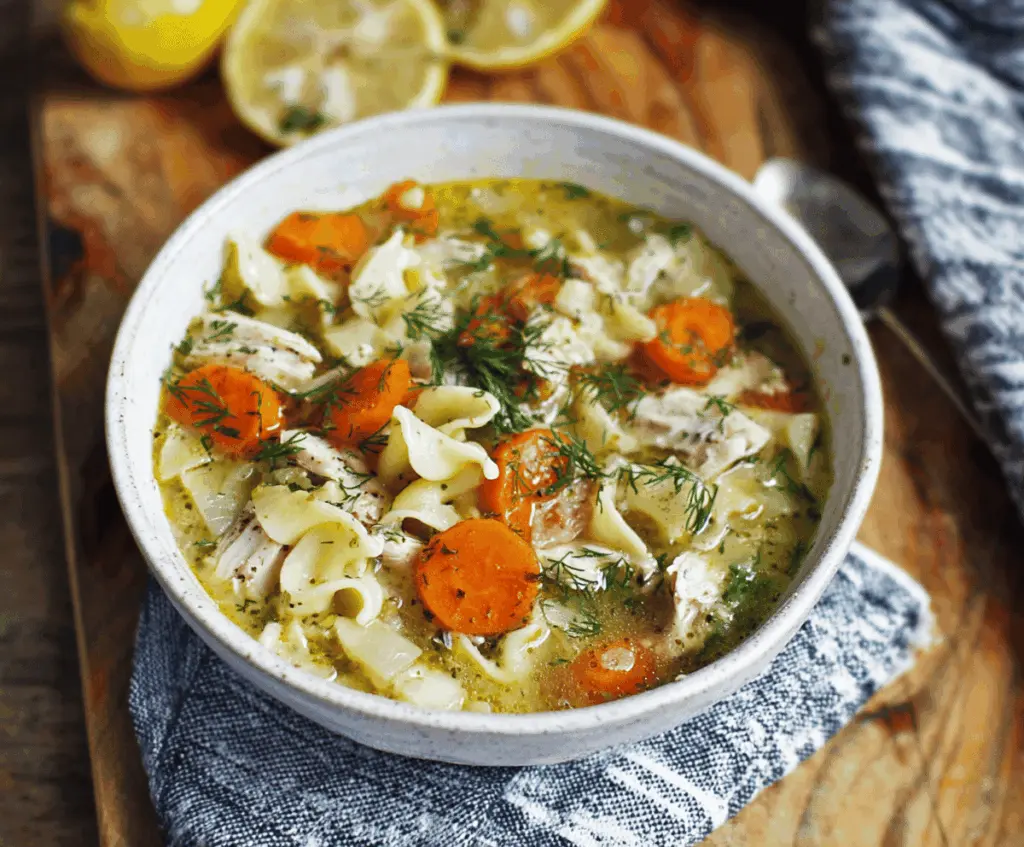 A bowl of Lemon Dill Chicken Noodle Soup garnished with fresh dill and lemon slices, featuring tender chicken, vegetables, and noodles in a savory broth.