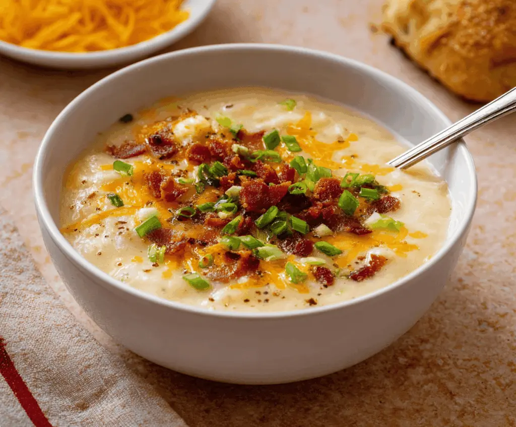 Creamy loaded potato soup topped with crispy bacon, shredded cheese, green onions, and sour cream in a rustic bowl.