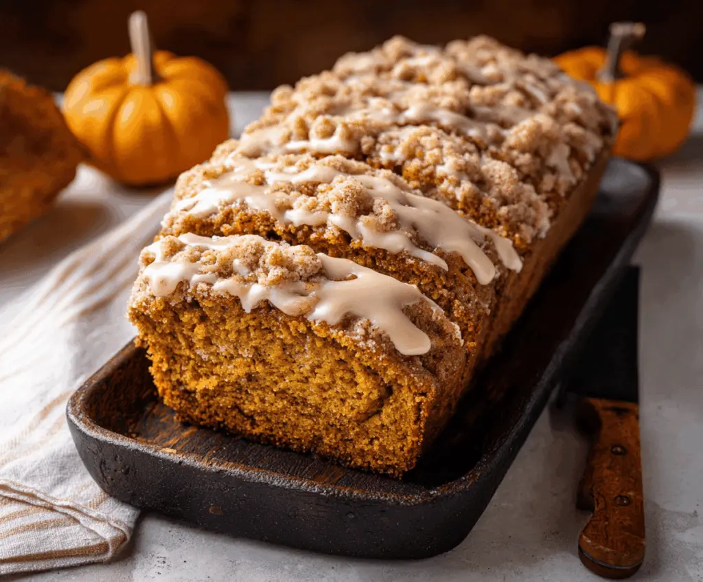 Delicious slice of Maple-Glazed Streusel Pumpkin Bread topped with streusel crumble and drizzled with maple glaze, on a rustic plate