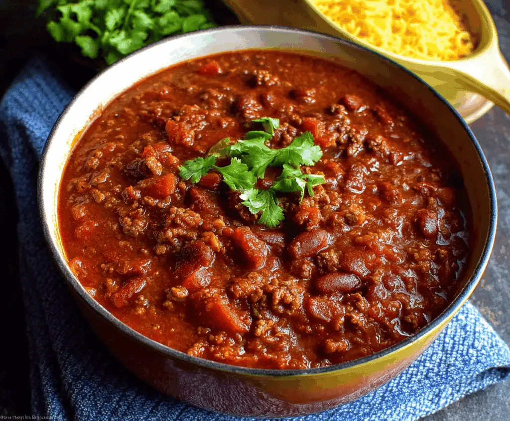 Savory one-pot chili in a large bowl with beans, ground meat, and spices ready to serve