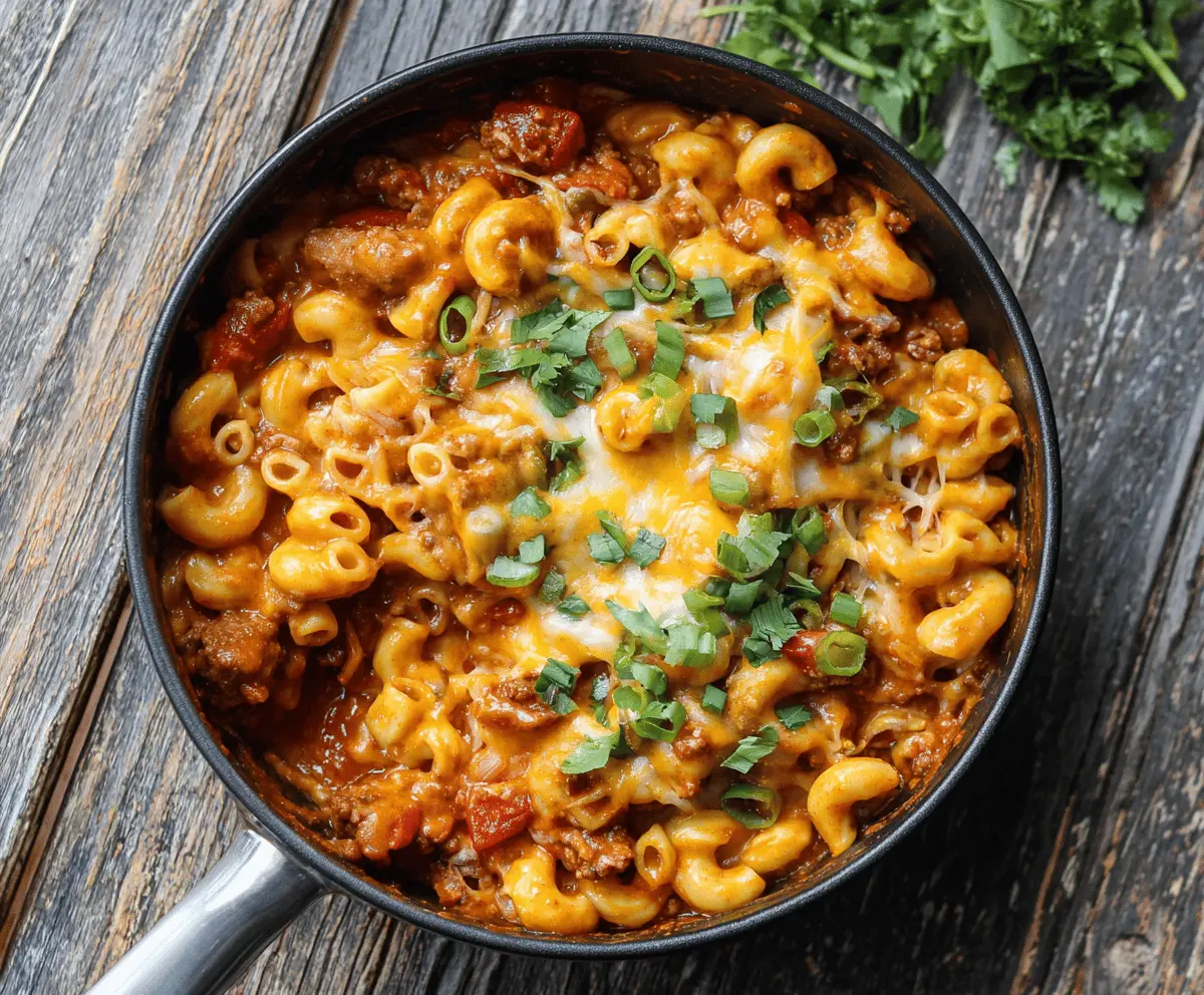 Delicious one pot chili mac and cheese served in a bowl, featuring creamy cheese sauce, ground beef, and spicy chili, perfect for a quick comfort meal