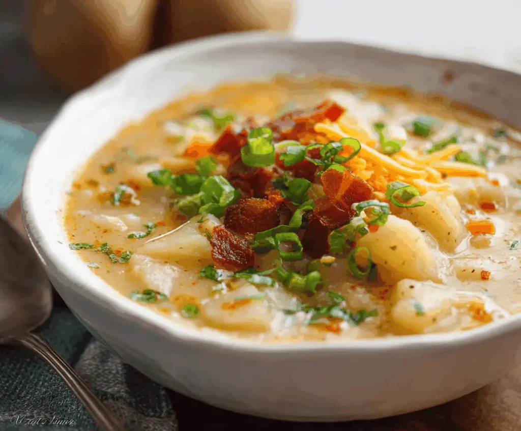 Creamy and comforting one-pot potato soup in a bowl garnished with herbs, perfect for a cozy meal.