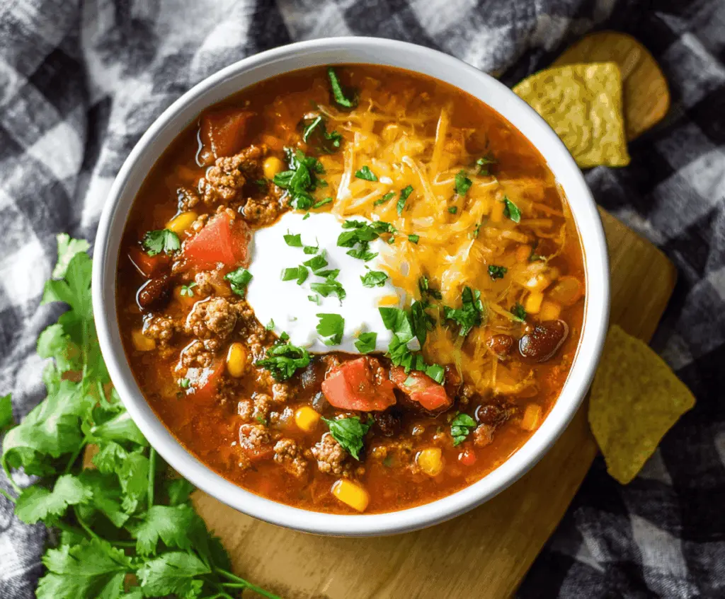 Delicious One-Pot Taco Soup served in a bowl with shredded cheese, sour cream, and fresh cilantro on top, perfect for a flavorful and easy family meal.