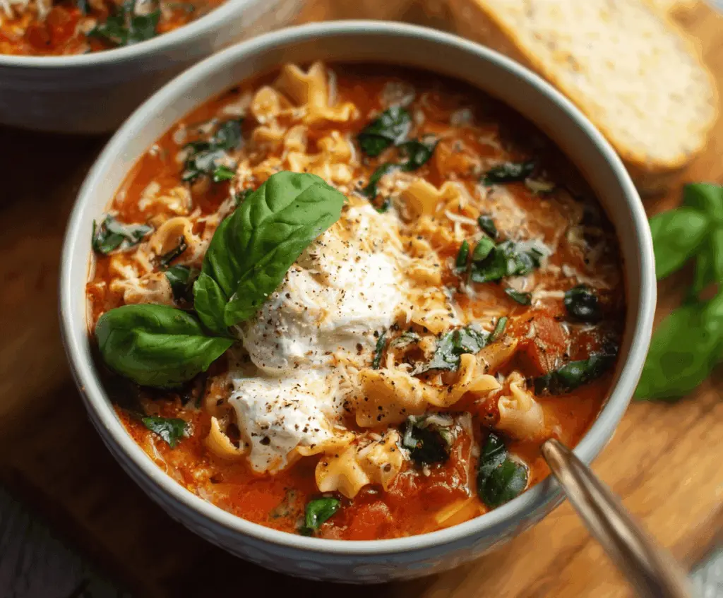 A steaming bowl of one-pot vegetarian lasagna soup topped with melted cheese, fresh basil, and crispy lasagna noodles, served in a white ceramic bowl on a wooden table.