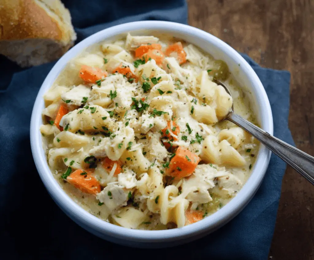 Hearty Parmesan Chicken Noodle Soup in a bowl topped with fresh herbs and grated cheese, perfect for cozy meals