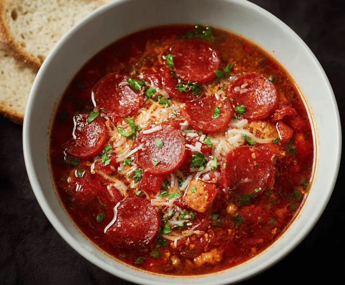 Delicious bowl of Pepperoni Pizza Soup topped with melted cheese, pepperoni slices, and fresh herbs, perfect for a comforting meal