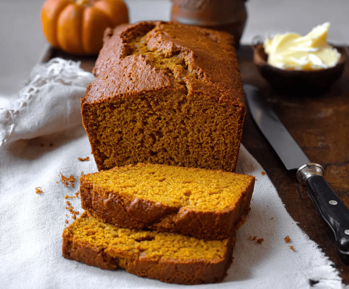Delicious homemade pumpkin bread with a golden crust, topped with a sprinkle of cinnamon and chopped walnuts on a rustic wooden table