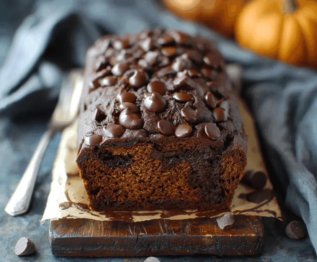 Delicious homemade pumpkin chocolate bread with a slice served on a plate, topped with chocolate chips and garnished with pumpkin seeds for a tasty fall treat