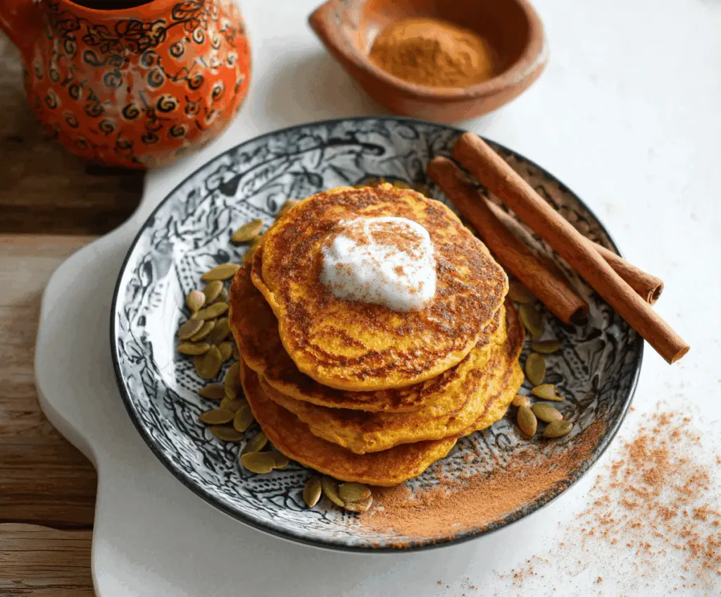 Delicious pumpkin cottage cheese pancakes topped with warm spices, perfect for a cozy breakfast