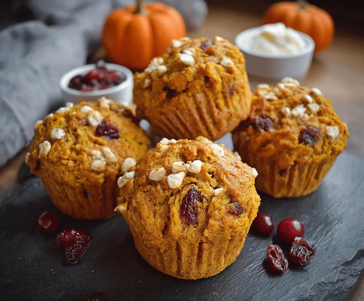Delicious homemade pumpkin cranberry muffins topped with fresh cranberries and a sprinkle of cinnamon, perfect for fall breakfast or snacks.