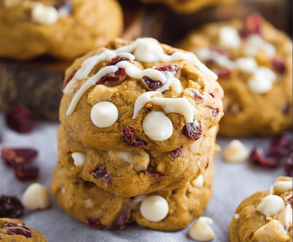 Delicious homemade Pumpkin Cranberry White Chocolate Cookies on a baking sheet, featuring orange pumpkin, red cranberries, and white chocolate chunks, perfect for fall treats