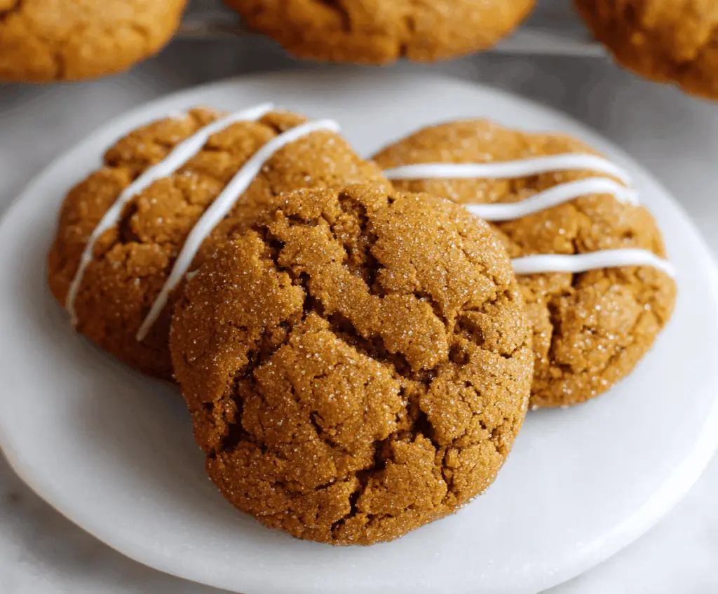 Freshly baked Pumpkin Molasses Cookies with a spiced, golden-brown exterior and soft, chewy interior, perfect for fall celebrations.