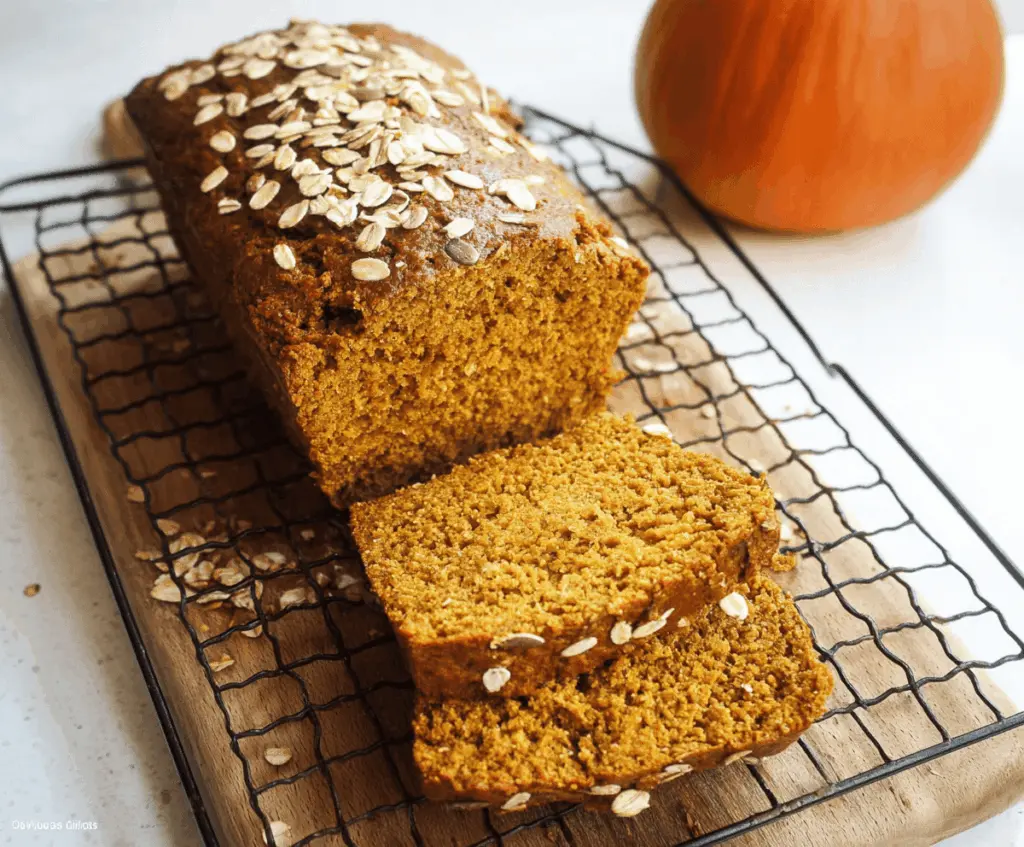Fresh homemade pumpkin oatmeal bread sliced and ready to enjoy on a rustic wooden table, showcasing its soft interior and hearty texture.