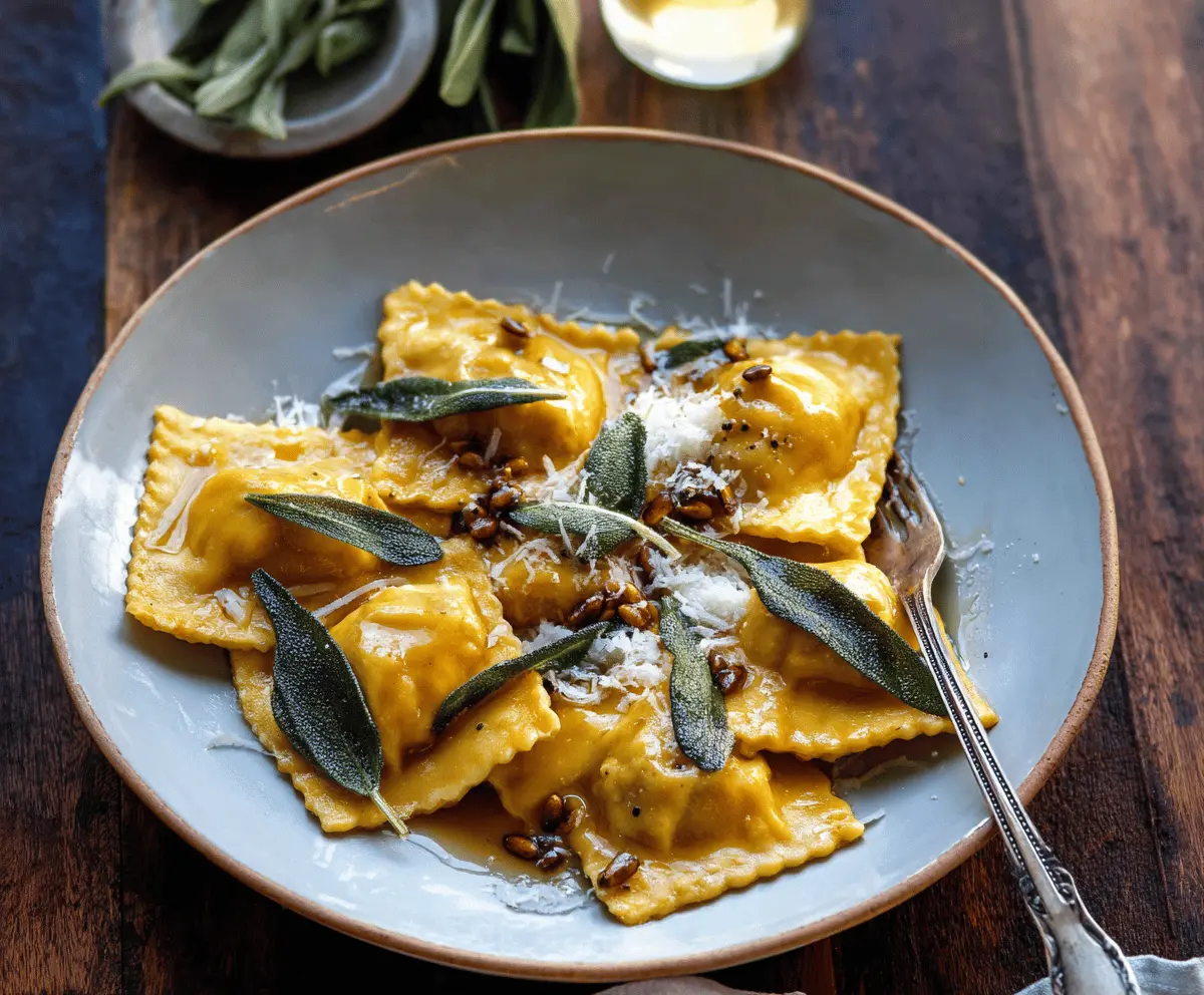 Delicious homemade pumpkin ravioli topped with golden brown butter and fresh sage leaves, served on a white plate