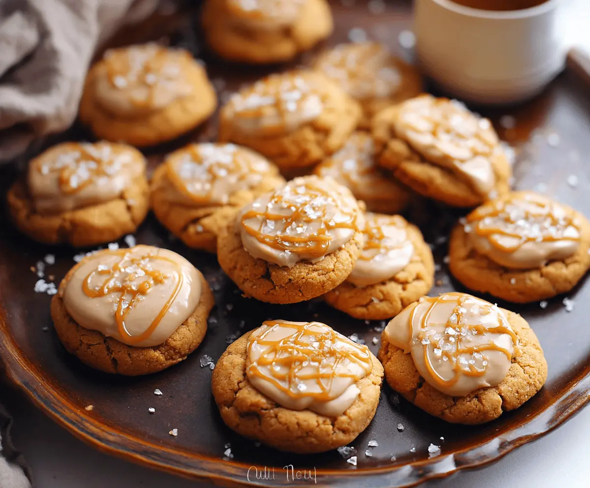 Delicious pumpkin salted caramel cookies with a golden-brown crust and drizzled caramel topping on a rustic plate