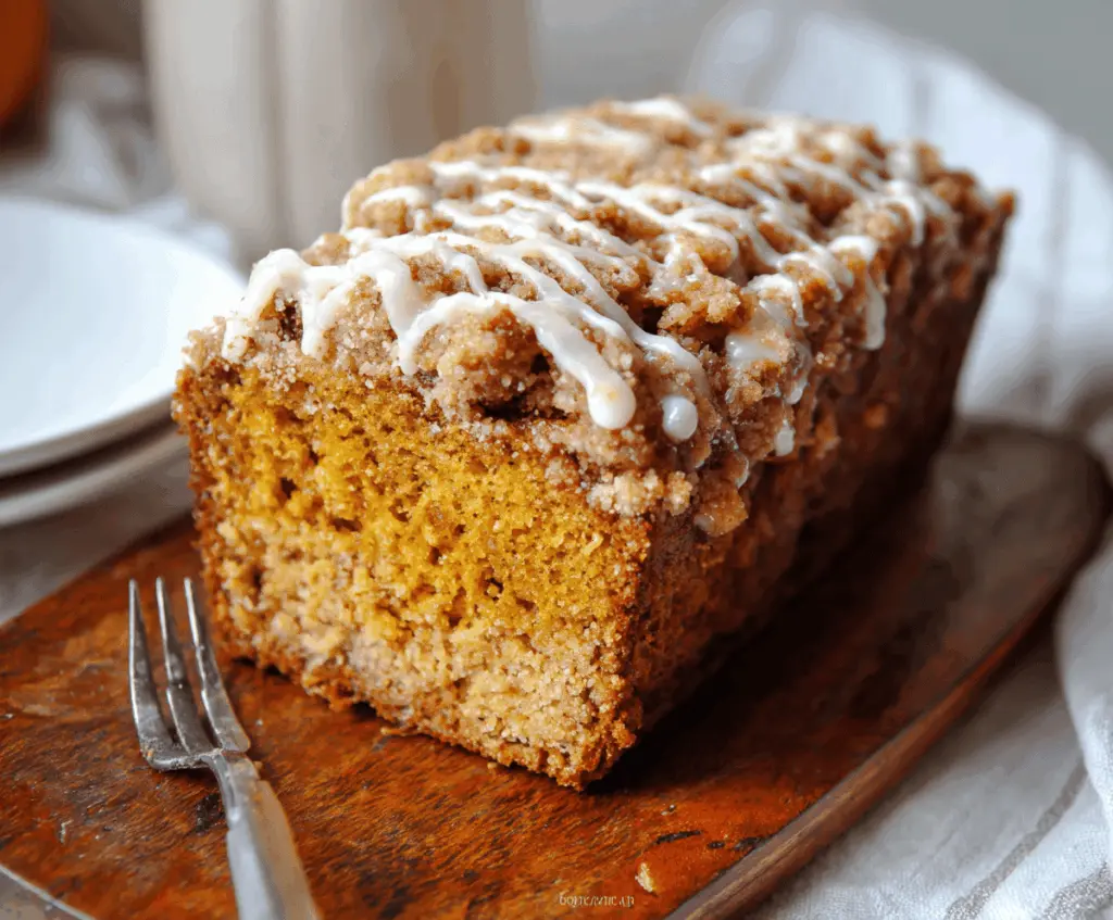 Delicious homemade Pumpkin Streusel Bread topped with golden crumble, sliced to reveal moist pumpkin-filled interior, perfect for fall desserts and breakfast