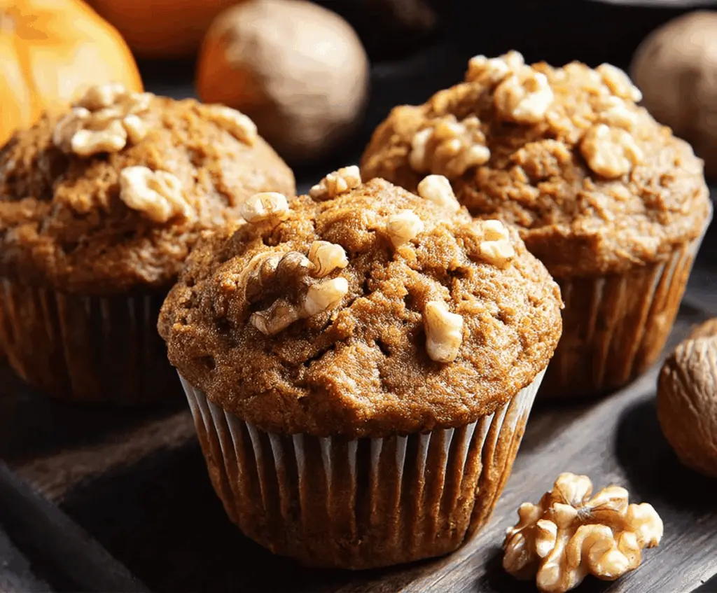 Freshly baked pumpkin walnut muffins in a rustic baking dish, featuring golden-brown tops and sprinkled walnuts, perfect for a cozy fall treat.