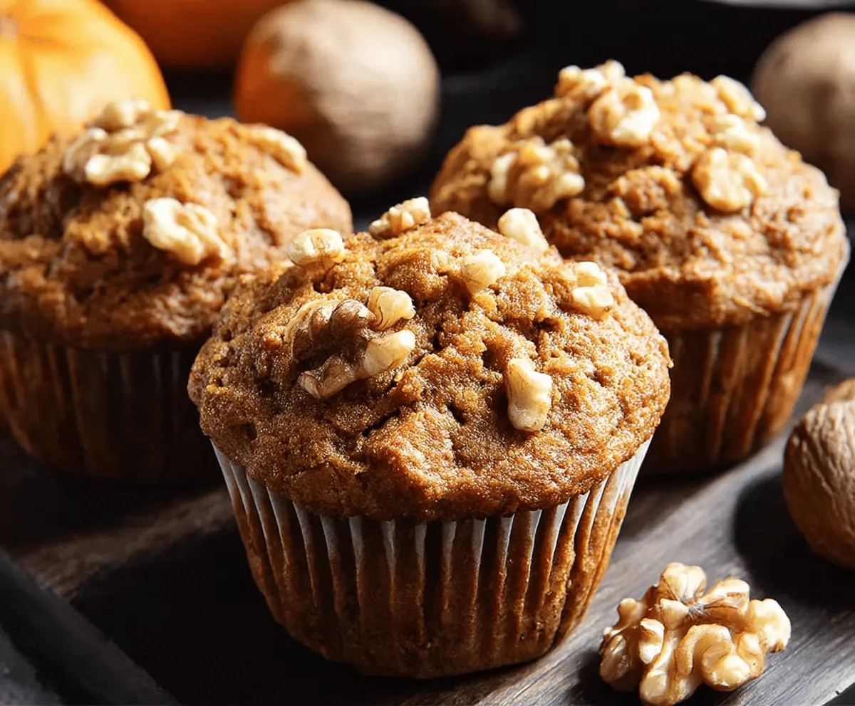 Freshly baked pumpkin walnut muffins in a rustic baking dish, featuring golden-brown tops and sprinkled walnuts, perfect for a cozy fall treat.