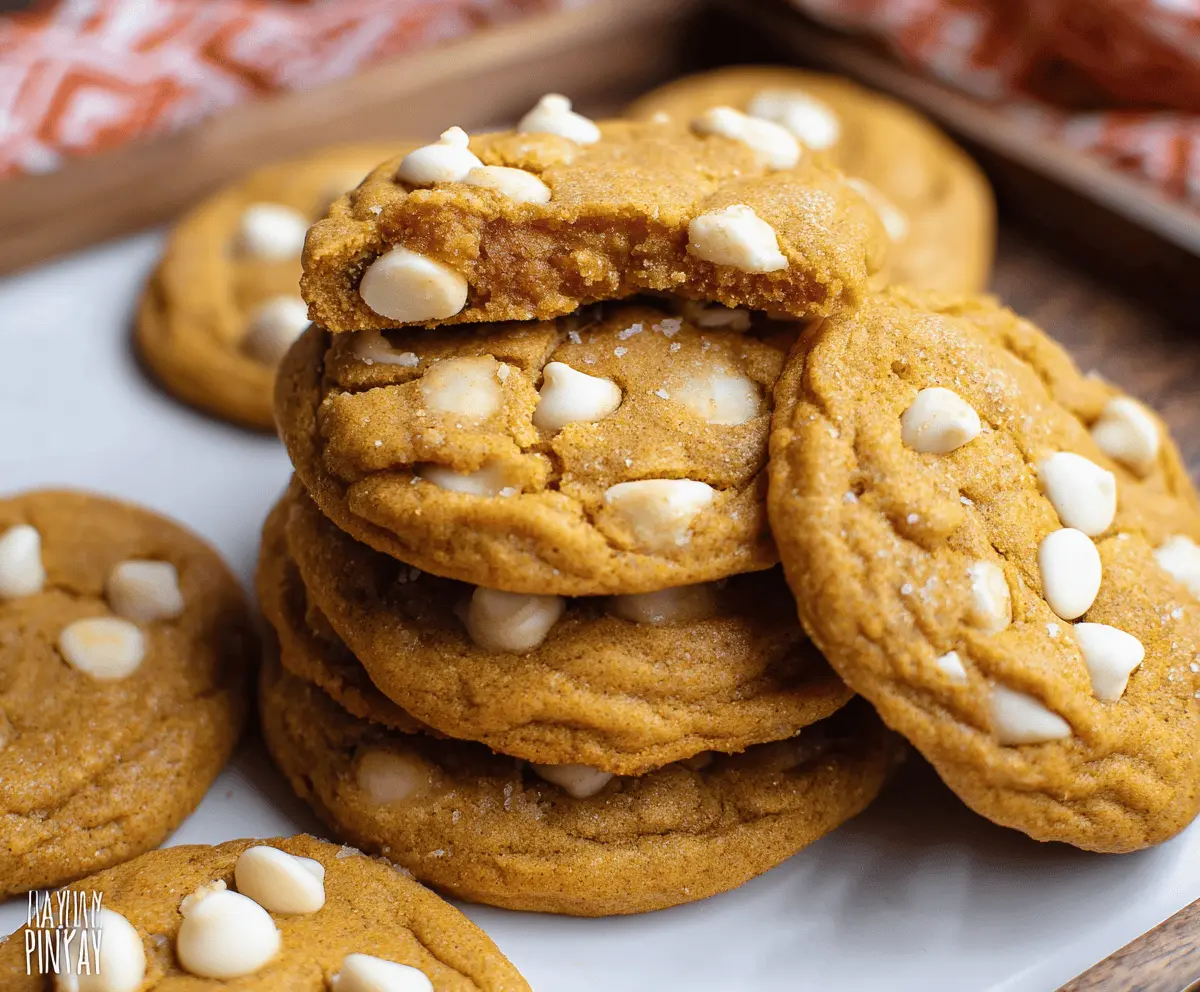 Delicious freshly baked pumpkin white chocolate chip cookies on a cooling rack, showcasing a golden-brown crust and creamy white chocolate chunks.