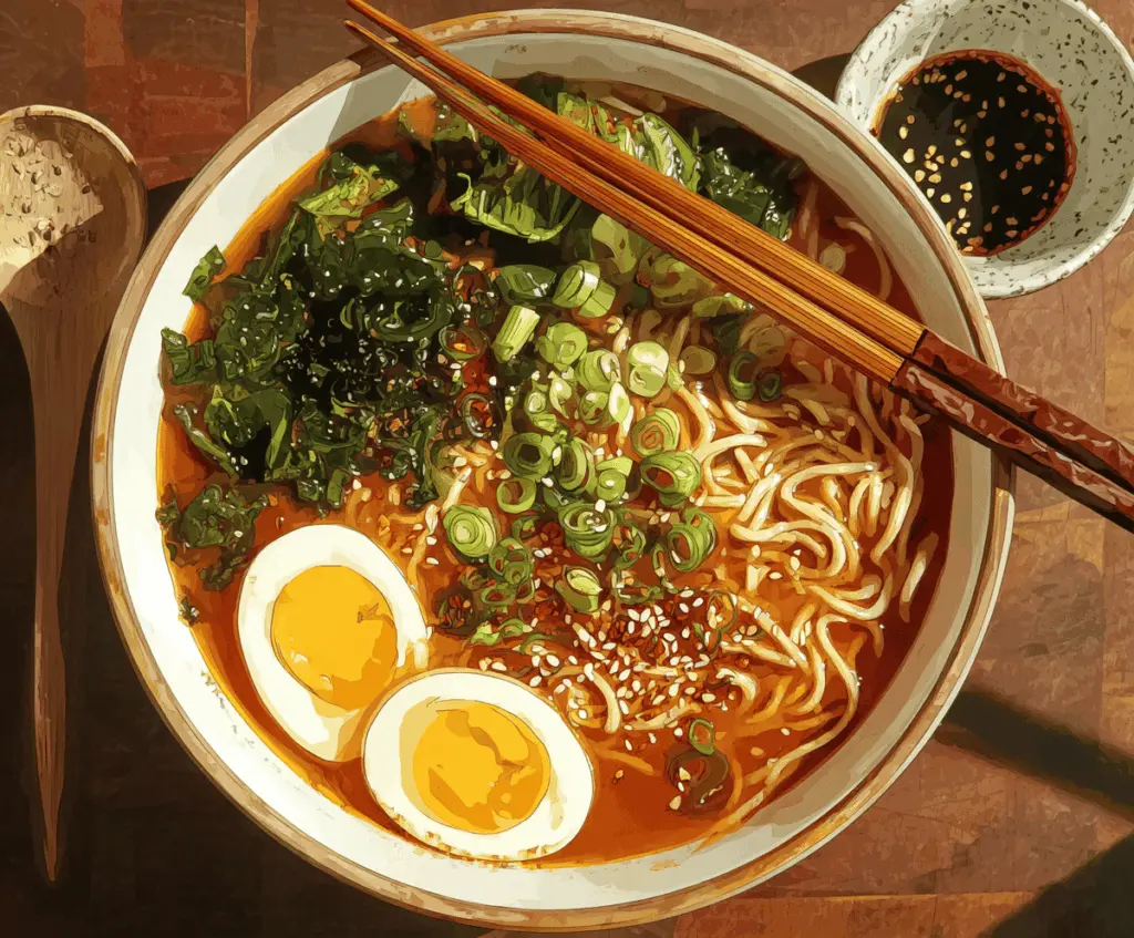 A steaming bowl of flavorful ramen noodle soup topped with sliced pork, soft-boiled eggs, green onions, and bamboo shoots, served in a traditional Japanese broth.