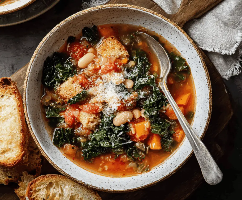 Hearty bowl of traditional Italian Ribollita soup with vegetables, beans, and crusty bread garnished with fresh herbs.