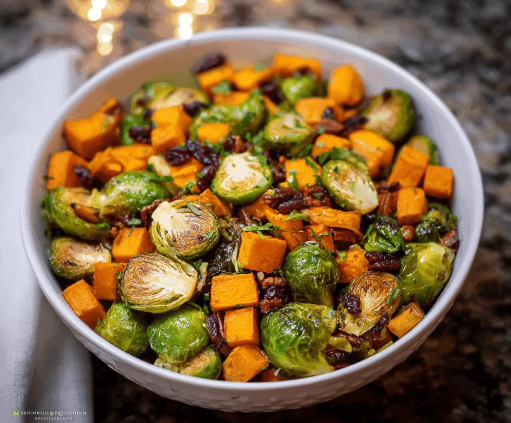 Golden roasted Brussels sprouts and sweet potatoes served on a plate, garnished with fresh herbs, perfect for a healthy side dish.