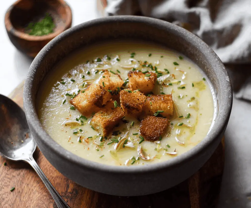 Creamy roasted garlic potato soup served in a bowl with fresh herbs and a slice of crusty bread on the side.