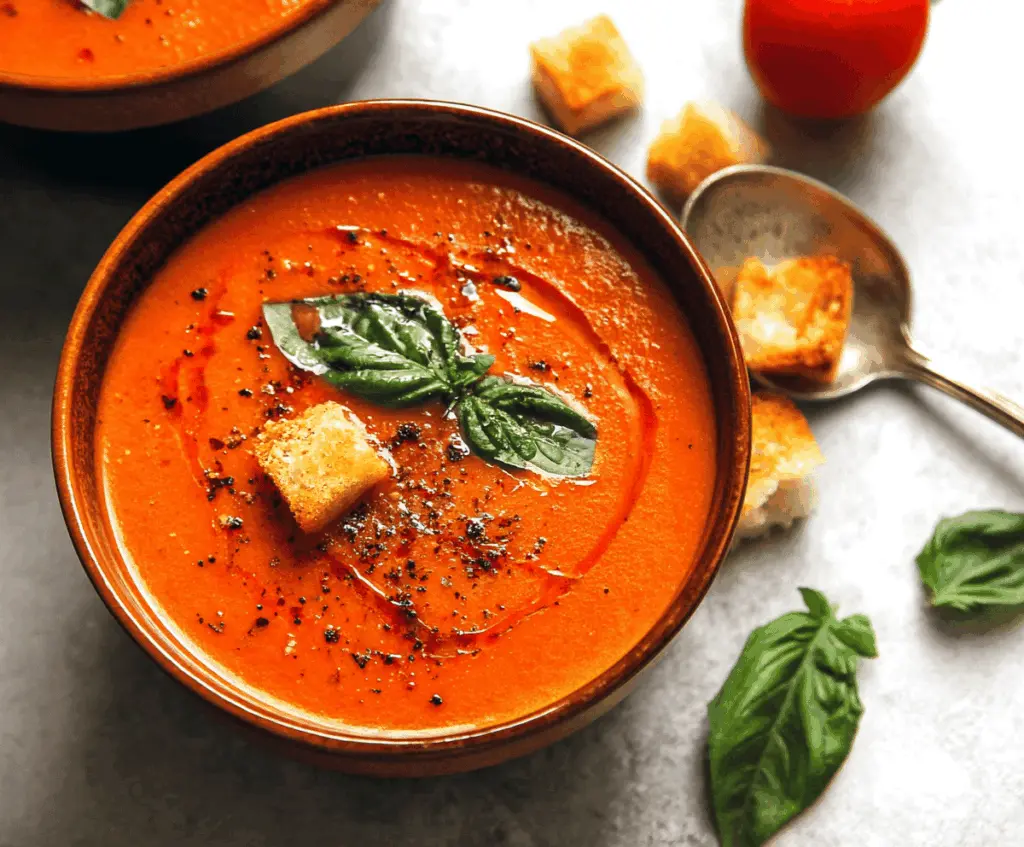 Creamy roasted tomato soup garnished with fresh basil in a rustic bowl, perfect for a comforting meal