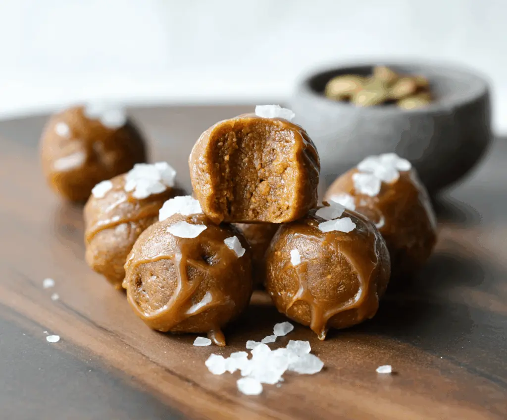 Delicious salted caramel pumpkin protein balls on a white plate, perfect for healthy snacking and energy boosting