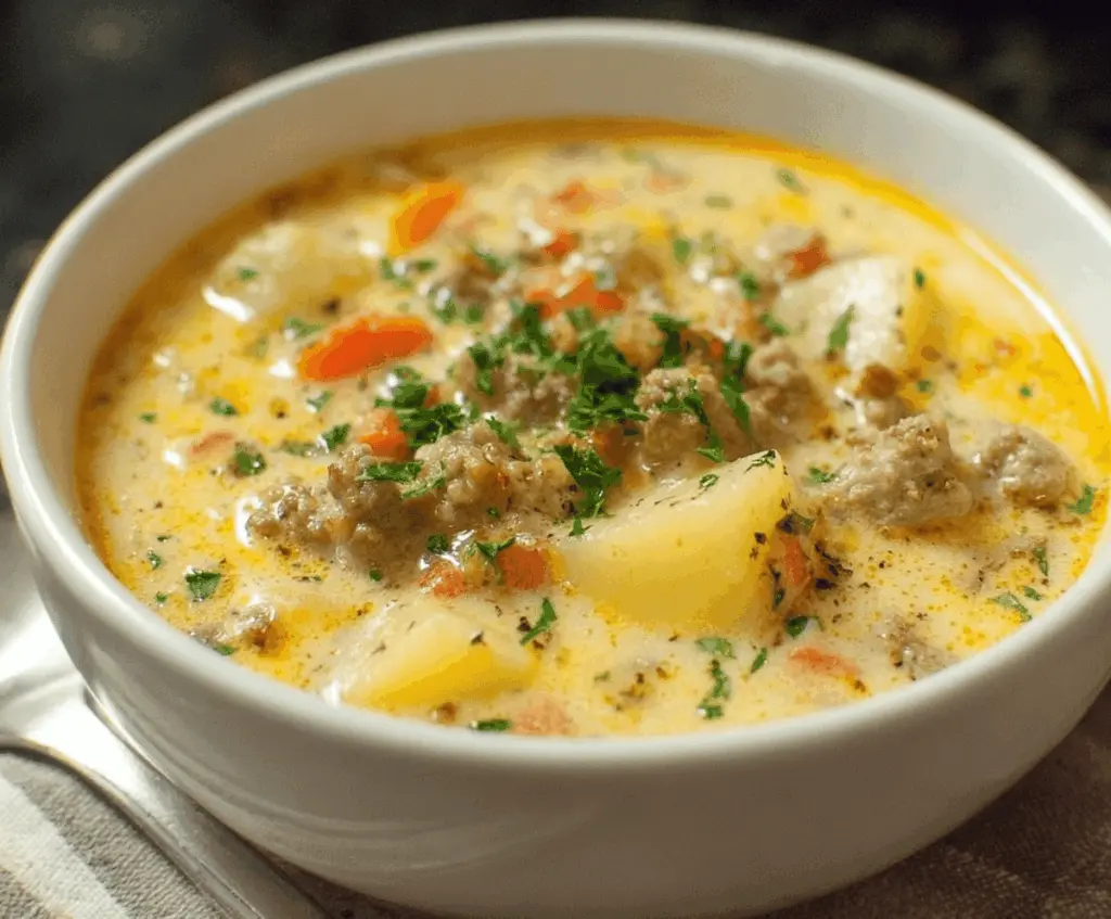 Creamy sausage and potato soup garnished with fresh herbs, served in a bowl with a spoon, perfect for comforting meals.