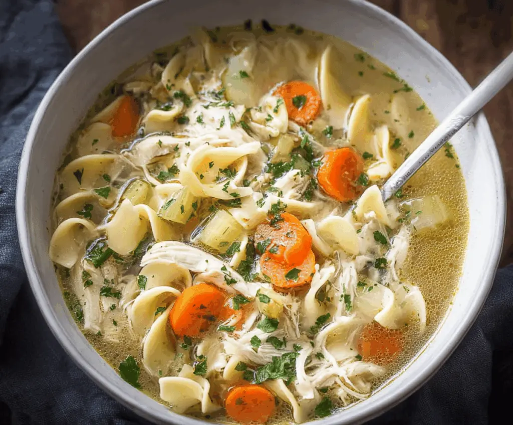 Creamy and comforting Slow Cooker Chicken Noodle Soup with tender chicken, vegetables, and egg noodles in a savory broth