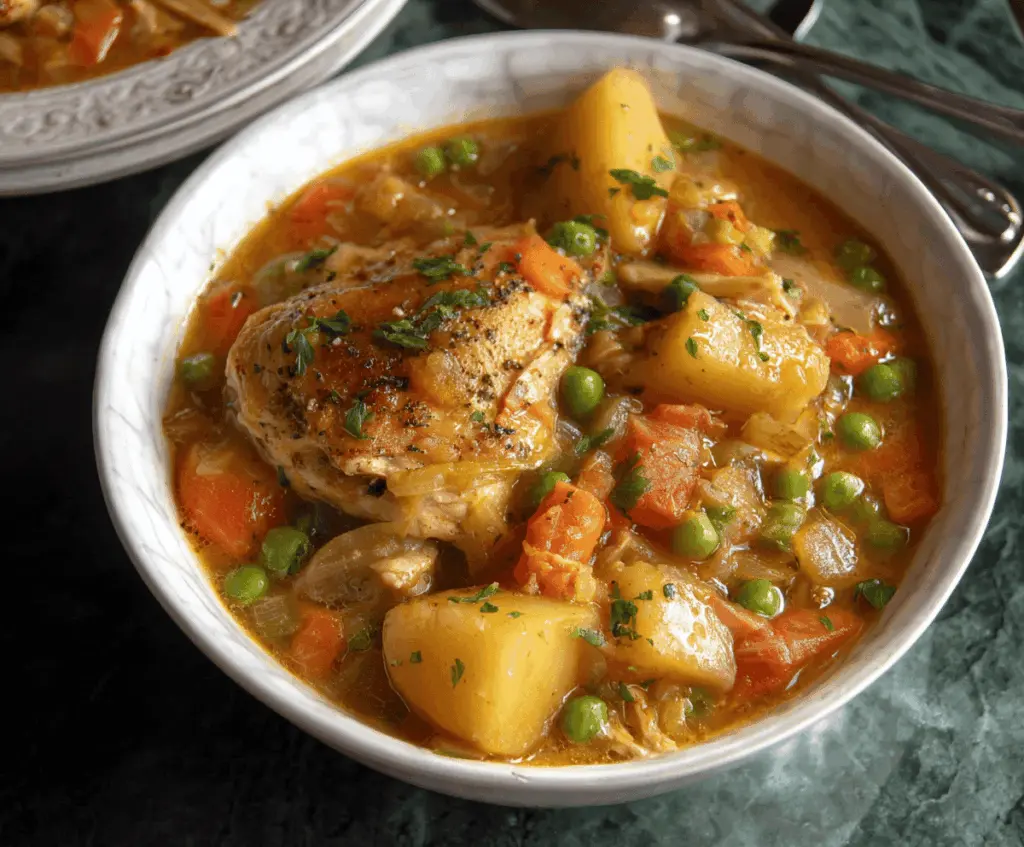 Hearty slow cooker chicken stew with vegetables and herbs in a rustic bowl, perfect for comforting meals
