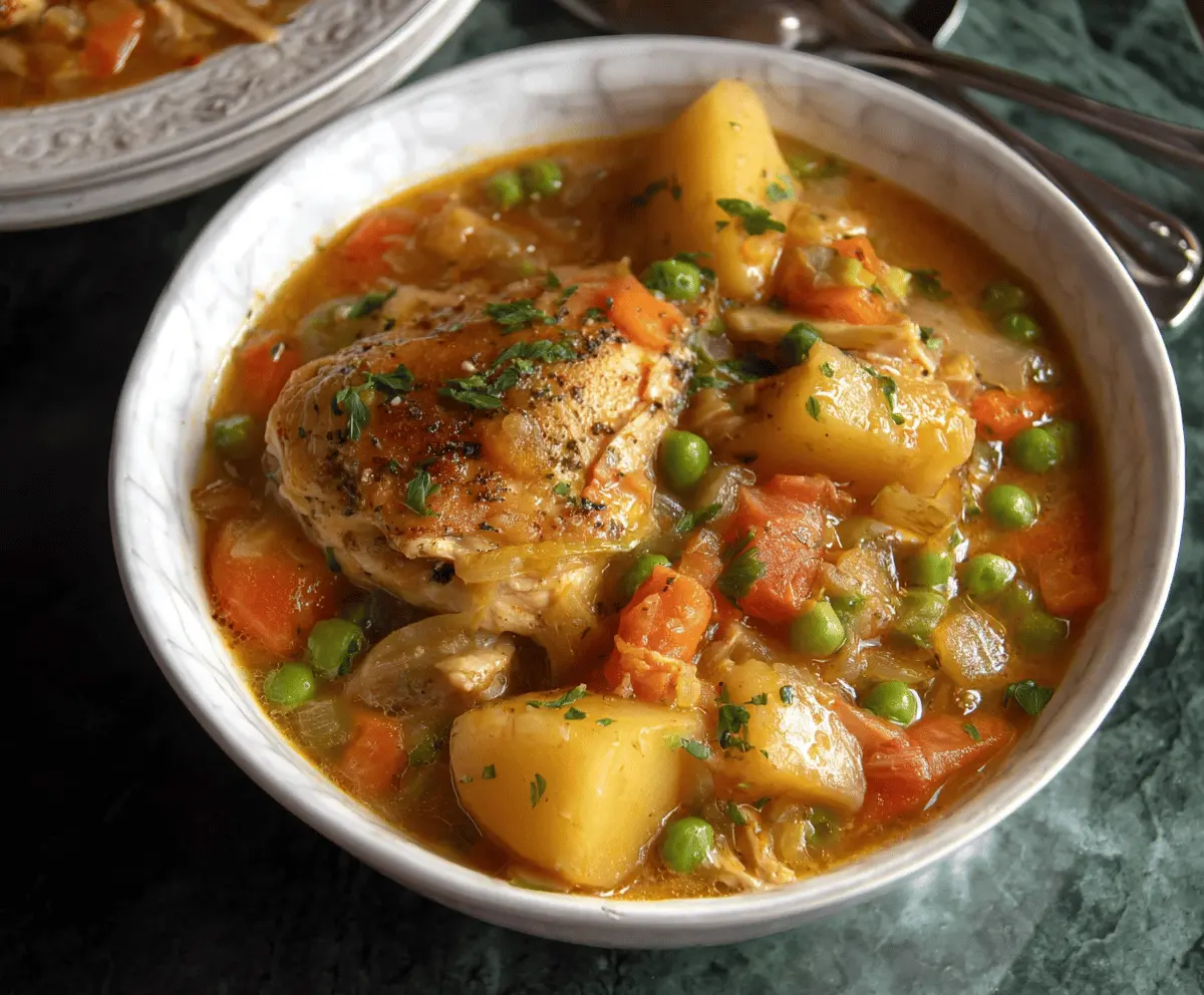 Hearty slow cooker chicken stew with vegetables and herbs in a rustic bowl, perfect for comforting meals
