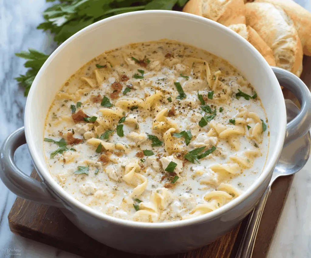Creamy Slow Cooker White Lasagna Soup with ricotta cheese, spinach, and melted mozzarella in a hearty broth