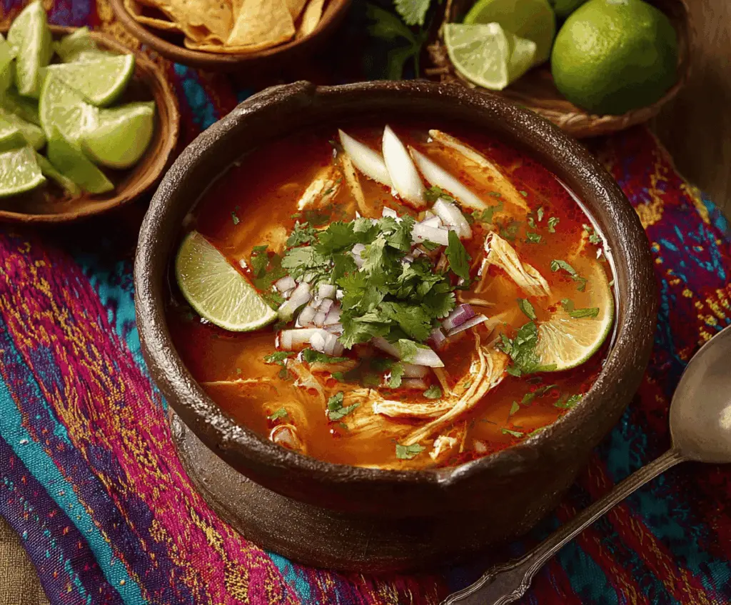 Bright bowl of traditional Sopa de Lima with lime wedges, herbs, and shredded chicken, served in a rustic ceramic bowl for a flavorful Mexican lime soup.