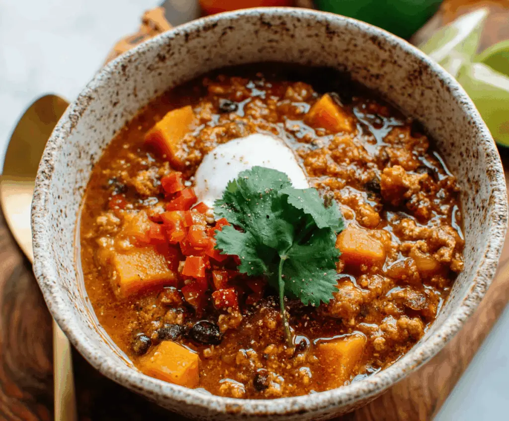 A bowl of hearty sweet potato turkey chili garnished with fresh cilantro and shredded cheese, served with a side of crusty bread.