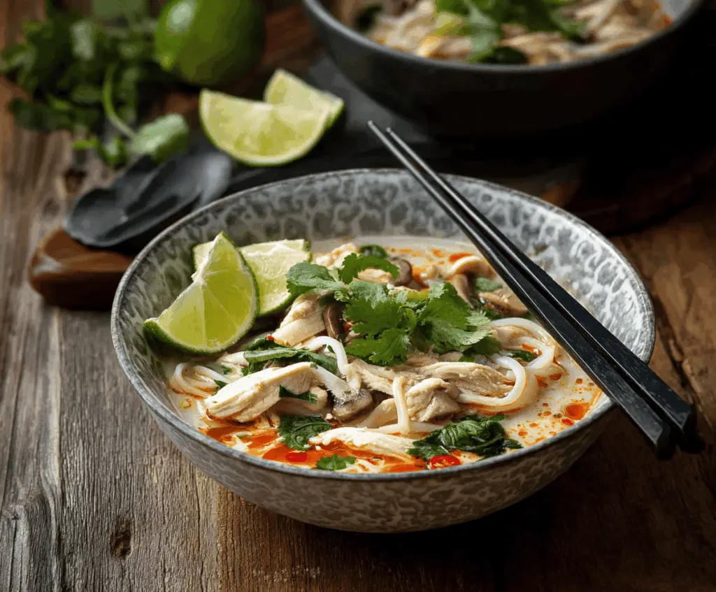 A steaming bowl of Thai Chicken Noodle Soup with sliced chicken, rice noodles, fresh herbs, and colorful vegetables in a flavorful broth.