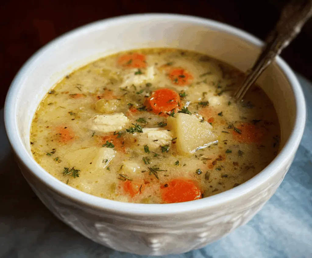 Creamy turkey and potato soup garnished with fresh herbs in a white bowl, perfect for a comforting meal